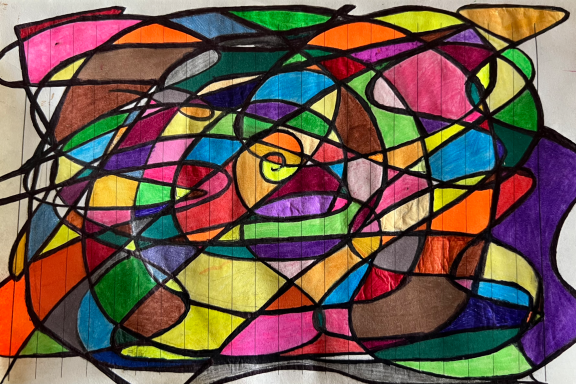 Abstract, colourful design with overlapping shapes and bold outlines.